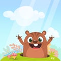 Cool cartoon marmot or chipmunk in major hat waving his hands looking out of its borrow on spring background. Vector illustration. Royalty Free Stock Photo