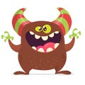 Cool cartoon monster with horns laughing. Vector brown monster character. Characters for Halloween party decoration.