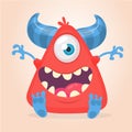 Cool cartoon red monster. Vector horned one eye cyclops monster screaming.