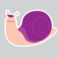 Cool cartoon snail boy on a gray background. Purple forelock and shell. Nursery art. Use as illustration sticker