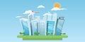 Cool Cartoon style Cityscape with nice buildings and sky with clouds. Vector illustration.