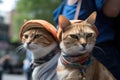 cool and casual feline fashion show with models showcasing cat-sized hats and sunglasses