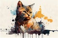 Cool Cat Graphics: Cat Illustration with Watercolor Splash Effect Royalty Free Stock Photo