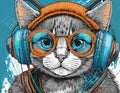 Cool cat in headphones listens to music. Close portrait of furry kitty in fashion style.