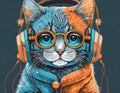 Cool cat in headphones listens to music. Close portrait of furry kitty in fashion style.