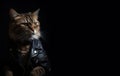Cool cat with leather jacket on black background. Copy space for text. Fashionable appearance, be trendy. Style and