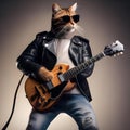 A cool cat in a leather jacket and shades, playing an electric guitar4 Royalty Free Stock Photo