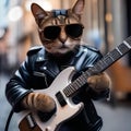 A cool cat in a leather jacket and shades, playing an electric guitar5 Royalty Free Stock Photo