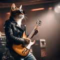 A cool cat in a leather jacket and shades, strumming an electric guitar on a stage4