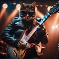 A cool cat in a leather jacket and shades, strumming an electric guitar on a stage2