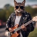 A cool cat in a leather jacket and shades, strumming an electric guitar on a stage1