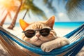 Cool cat lounging in hammock on tropical beach, summer vacation, illustration generated by AI