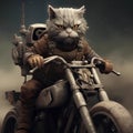 The cool cat is riding a motorcycle. mad max theme Royalty Free Stock Photo