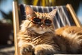 cat in shades relaxing on a beach chair, soaking up the sunlight Royalty Free Stock Photo