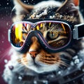 Cool Cat In Ski Goggles Rides A Snowboard. Illustration Generative AI