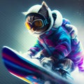 Cool Cat In Ski Goggles Rides A Snowboard. Illustration Generative AI