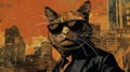 A cool cat in sunglasses and a suit, standing in front of a cityscape Royalty Free Stock Photo