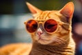 Cool cat vibes, ginger feline wears sunglasses in a captivating closeup