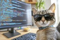 Cool Cat Wearing Sunglasses at Computer