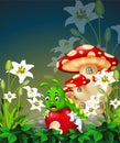 Cool Caterpillar On Top of Red Bitten Apple With Rocks, Flowers, And Red Mushroom House Cartoon Royalty Free Stock Photo