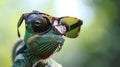 cool chameleon wearing sunglasses. veiled chameleon, Chamaeleo calyptratus. AI Generative