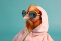 Cool chicken in pink pastel hoodies and glasses.