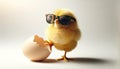 A cool chicken in sunglasses posing with a broken egg. Easter holiday concept.