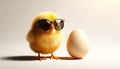 A cool chicken in sunglasses posing with an egg. Easter holiday concept.