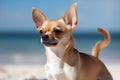 Cool chihuahua dog stands and looks on the sandy beach by the sea Royalty Free Stock Photo