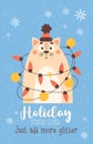 Cool Christmas card. Cute winter cat with new year garland. Vector illustration. Xmas holiday vertical card. kids