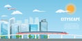 Cool cityscape illustration with long and big bridge and express train on it. Vector illustration.