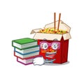 Cool and clever Student chinese box noodle mascot cartoon with book