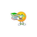 Cool and clever Student chinese gold coin mascot cartoon with book Royalty Free Stock Photo