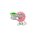 Cool and clever Student pink round lollipop mascot cartoon with book