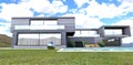 Cool cloudy morning in the village. Amazing country house with large panoramic windows. 3d rendering