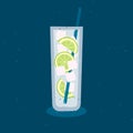 Cool cocktail lime ice, narrow glass straw, vector flat illustration, preparation of alcoholic summer drinks Royalty Free Stock Photo