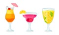 Cool Cocktails Poured in Drinking Glass with Umbrella and Straw Vector Set Royalty Free Stock Photo