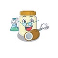 Cool coconut butter Professor cartoon character with glass tube Royalty Free Stock Photo