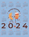 Cool coffee annual calendar 2024 Cute retro couple coffee in paper cup and croissant. Vector vertical template 12 months
