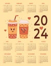 Cool coffee annual calendar 2024 Cute retro couple couple characters of coffee in paper cup. Vector vertical template 12