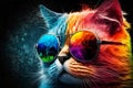 Cool and colorful cat with sunglasses. Rainbow colors. Diversity, tolerance, inclusion concept. Different and unique to