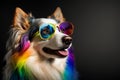 Cool and colorful dog with sunglasses. Rainbow colors. Diversity, tolerance, inclusion concept. Different and unique to