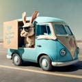 Cool and confident Easter bunny, sporting a pair of stylish shades, zips around town in a festive delivery car, spreading joy and