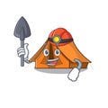 Cool confident Miner camping tent Scroll cartoon character design