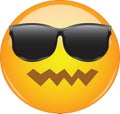 Cool yet confused emoji. Yellow face emoticon with pwnd face expression and sunglasses looking awesome. Expression of being