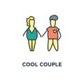 cool couple icon, symbol of man and woman resting on the beach, summer rest, sea vacation, cute funny characters on background,