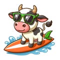 Cool cow wearing glasses and driving surfboard in the beach cartoon isolated on white background 4