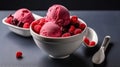 Cool and Creamy Delight, Overhead View of Raspberry Ice Cream in a White Bowl. Generative AI