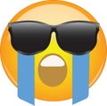 Cool Crying Face Emoji. Yellow face with an open mouth wailing and river of tears flowing from eyes hidden behind sunglasses.