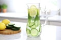 cool cucumber water in a clear pitcher with floating cucumber slices